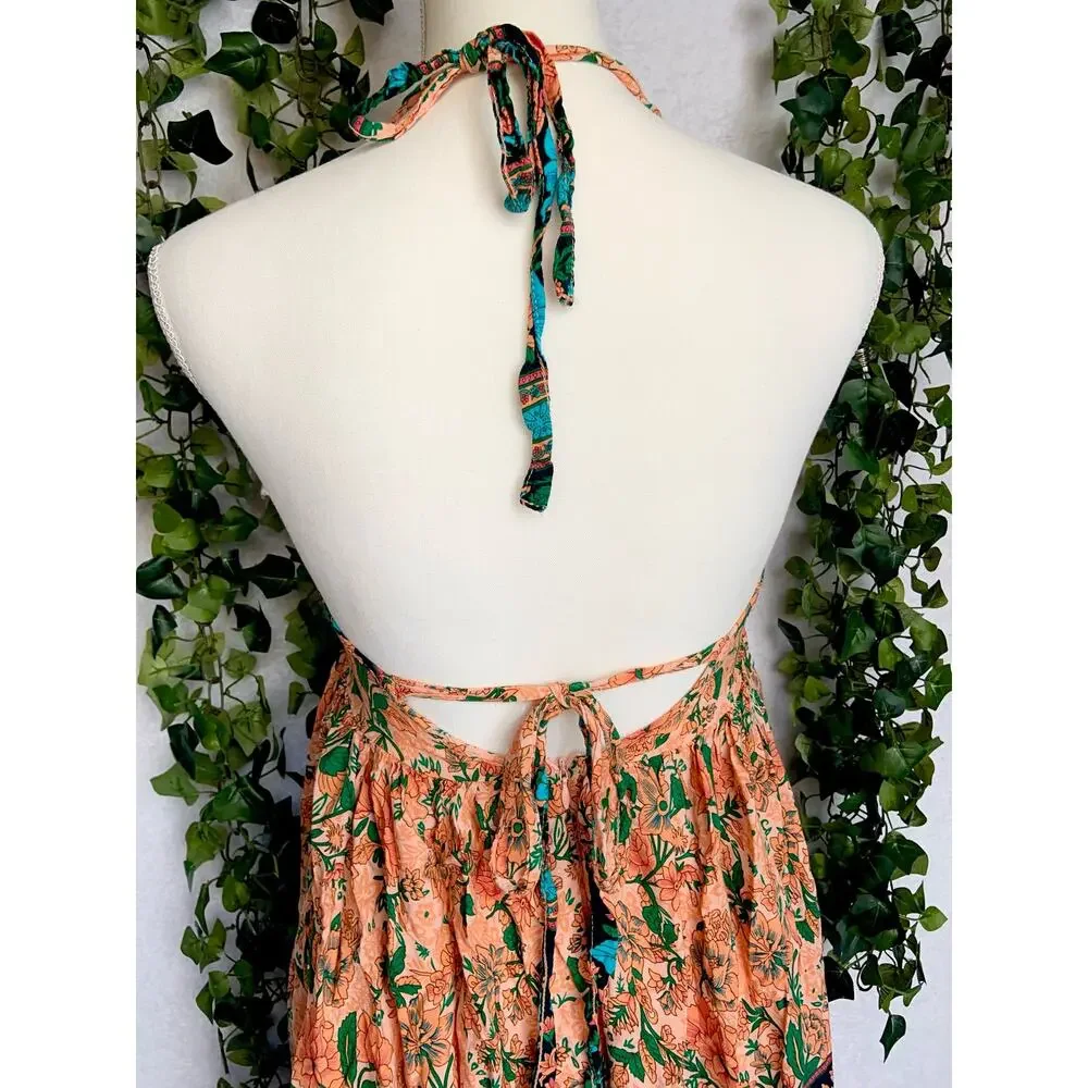 Boho Rayon Orange Teal Floral Halter Tie Empire Waist Mini Dress Women's Small - Picture 6 of 11